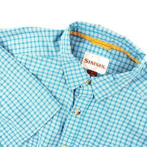 Simms Shirt Men's Large Blue Plaid Button Up Fishing Outdoor Short Sleeve